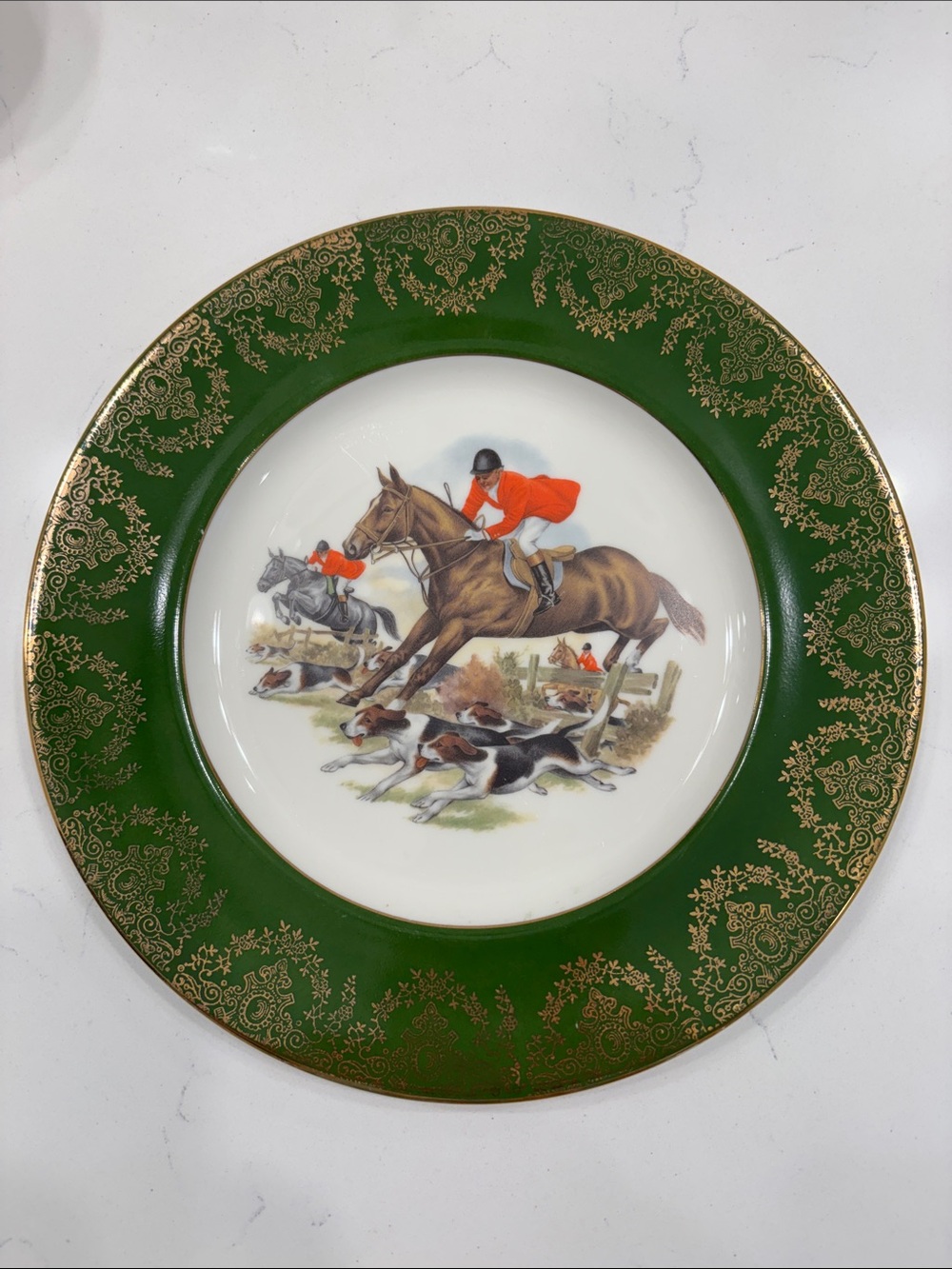 Decorative Green and Gold Foxhunt Porcelain Plate Brand Unspecified